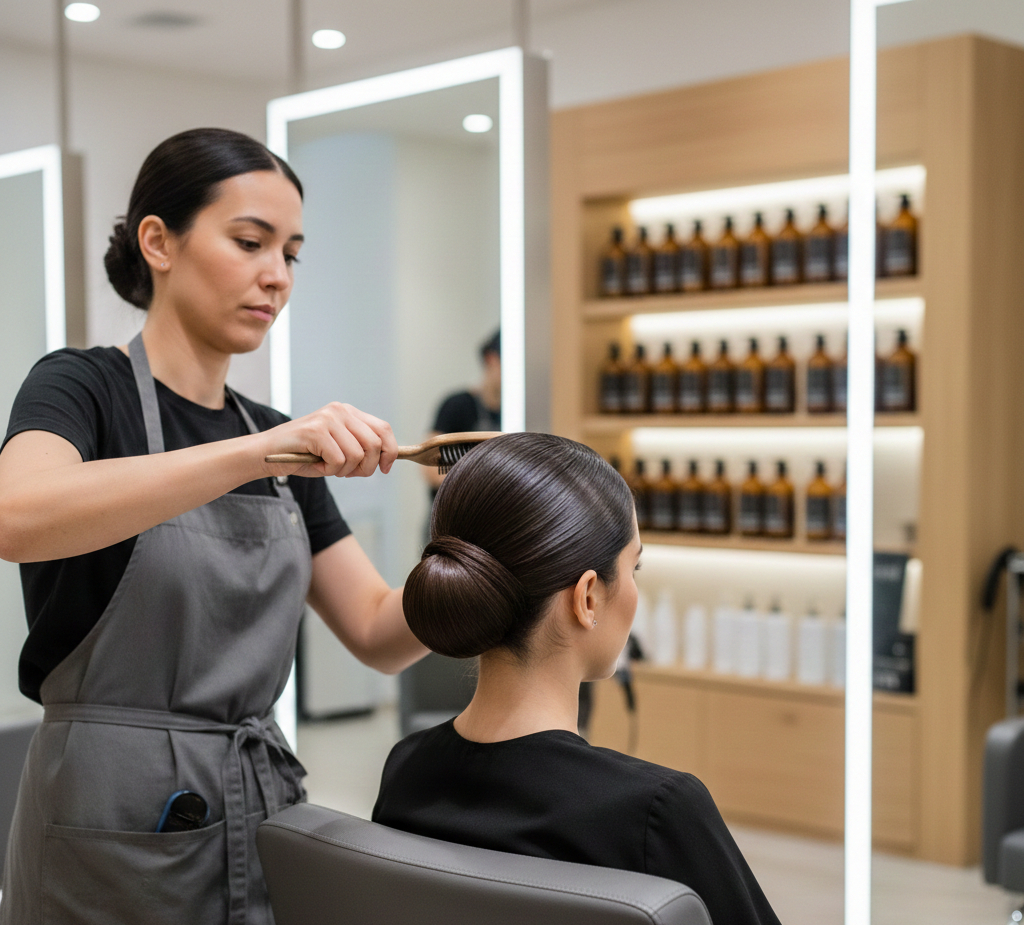 Stylist smoothing a sleek low bun for an occasion-ready finish